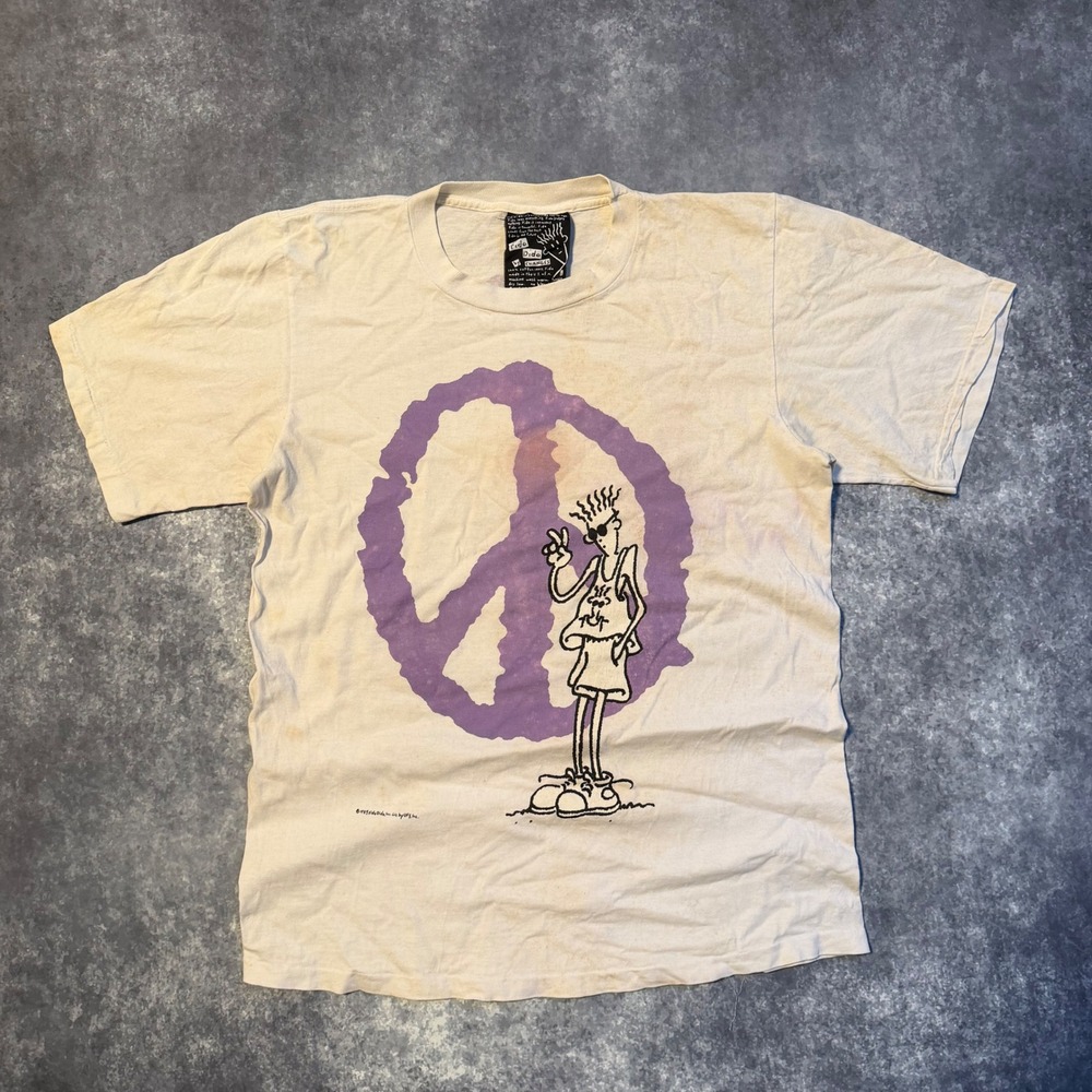Vintage 1985 Fido Dido Peace of Mind T-Shirt Changes Tag Mens Large Cream Purple